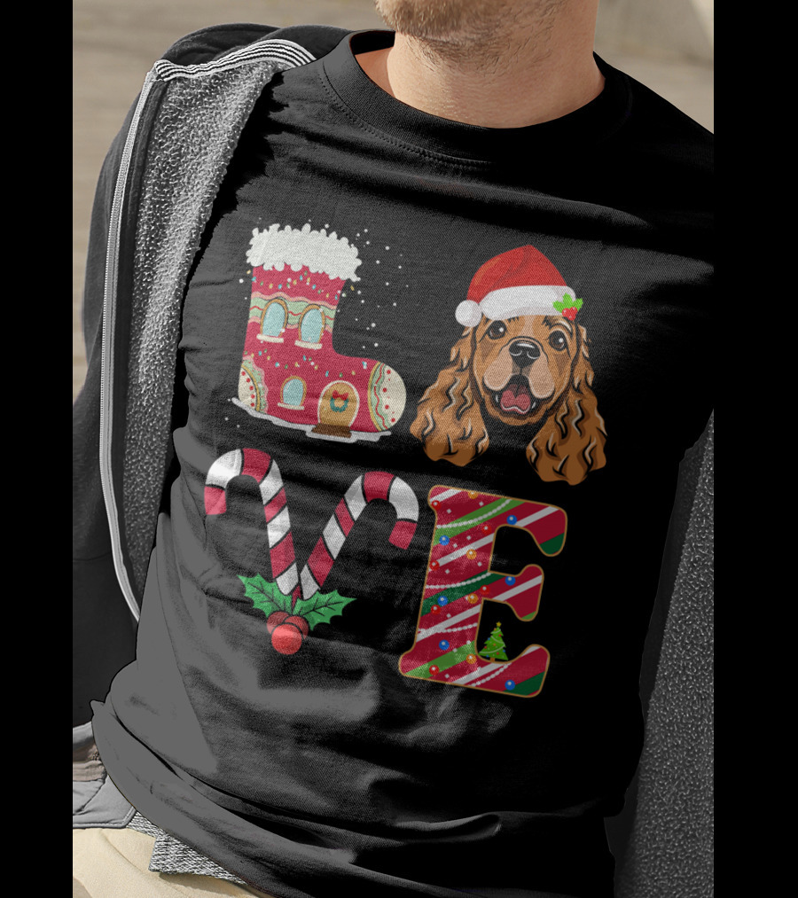 I Love My English Cocker Spaniel Christmas Candy Cane Santa Hat T-Shirt