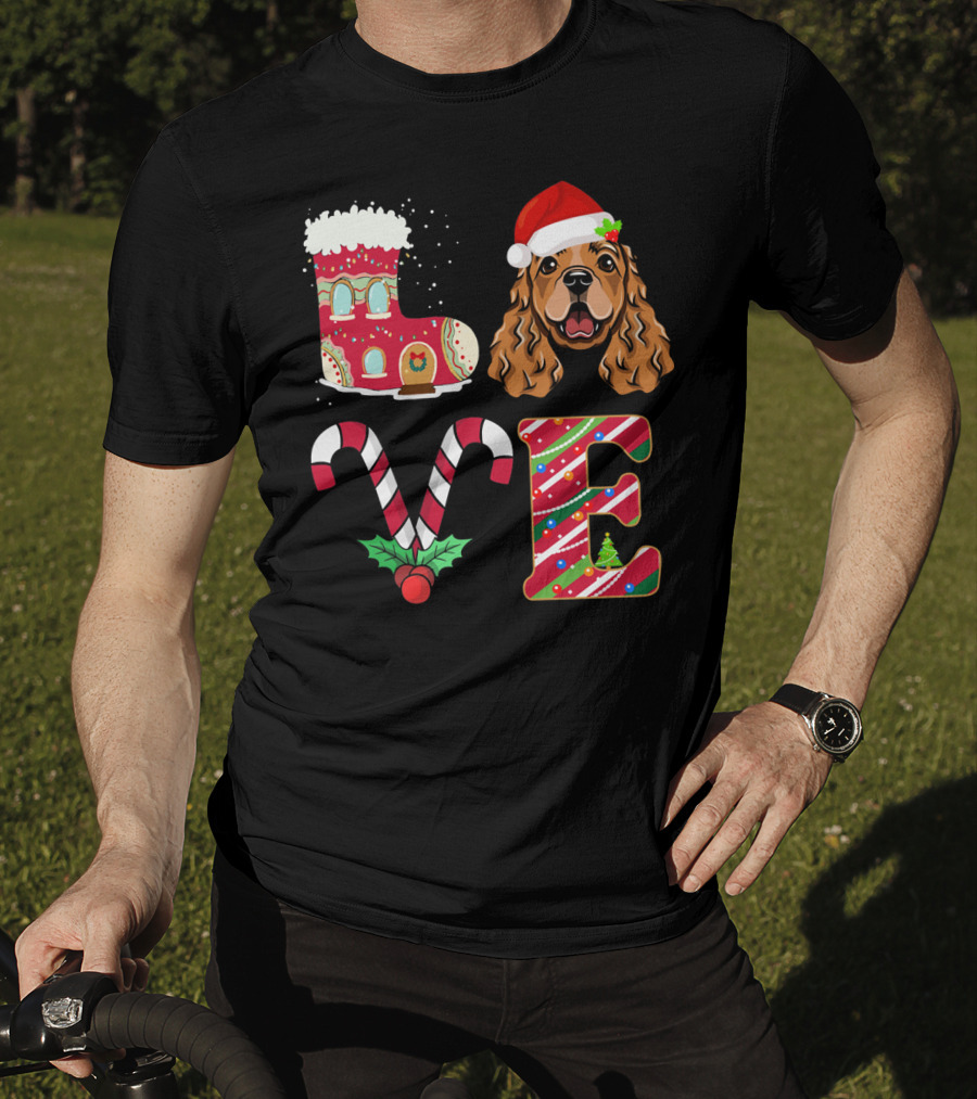 I Love My English Cocker Spaniel Christmas Candy Cane Santa Hat T-Shirt