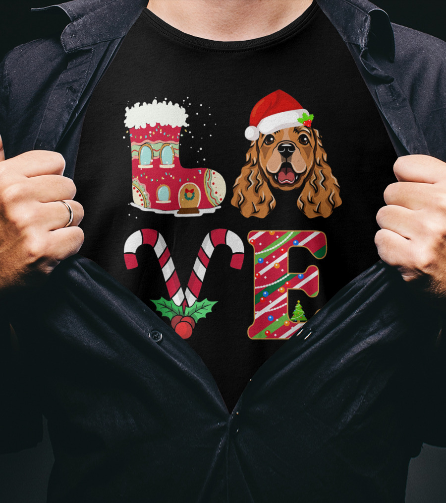 I Love My English Cocker Spaniel Christmas Candy Cane Santa Hat T-Shirt