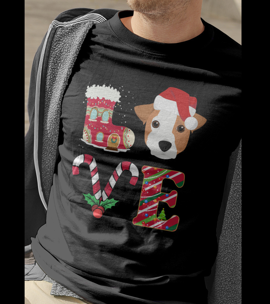 I Love My Jack Russell Terrier Christmas Holiday Santa Hat Candy Cane Gingerbread Boot T-Shirt