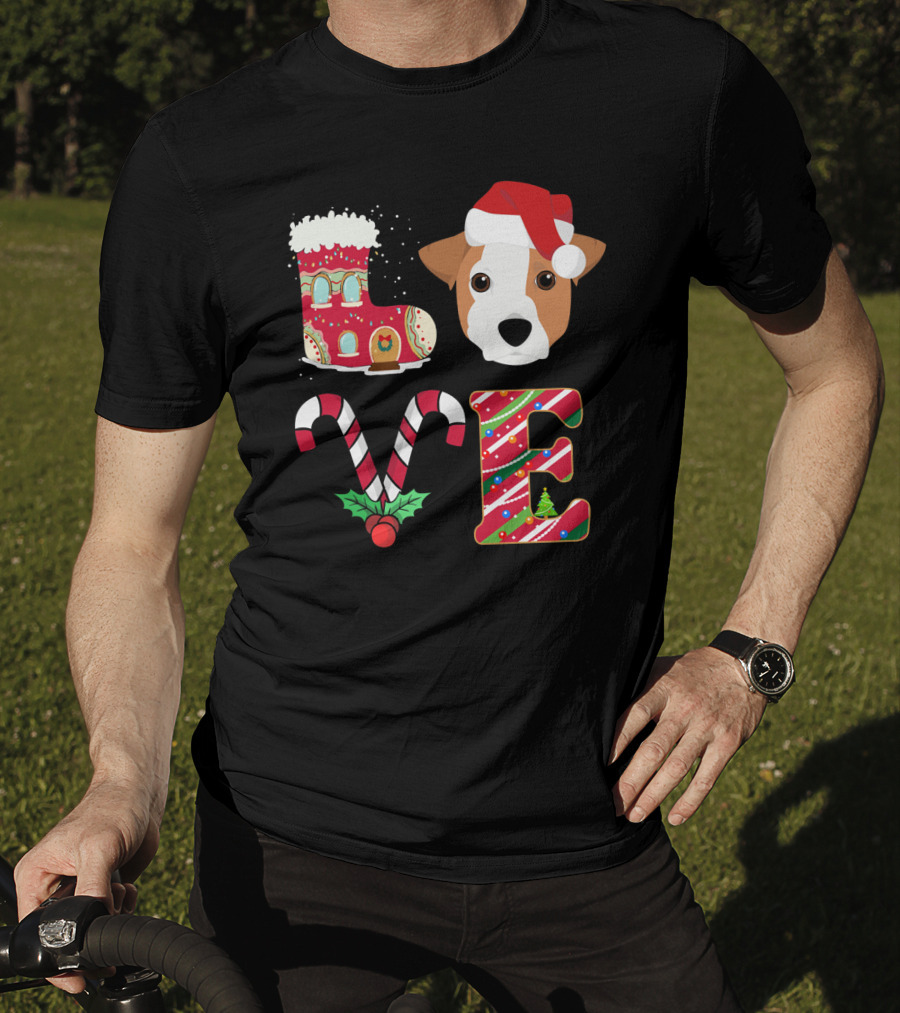 I Love My Jack Russell Terrier Christmas Holiday Santa Hat Candy Cane Gingerbread Boot T-Shirt