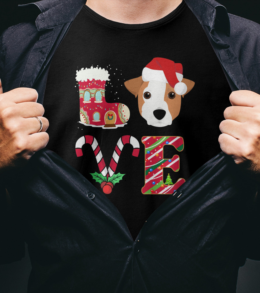 I Love My Jack Russell Terrier Christmas Holiday Santa Hat Candy Cane Gingerbread Boot T-Shirt