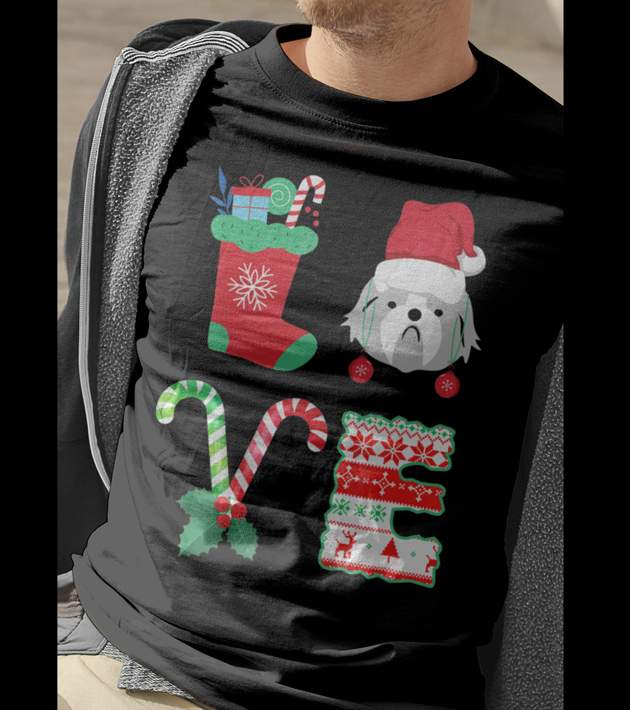 Love Shih Tzu Christmas Dog In Santa Hat With Stocking Candy Canes T-Shirt
