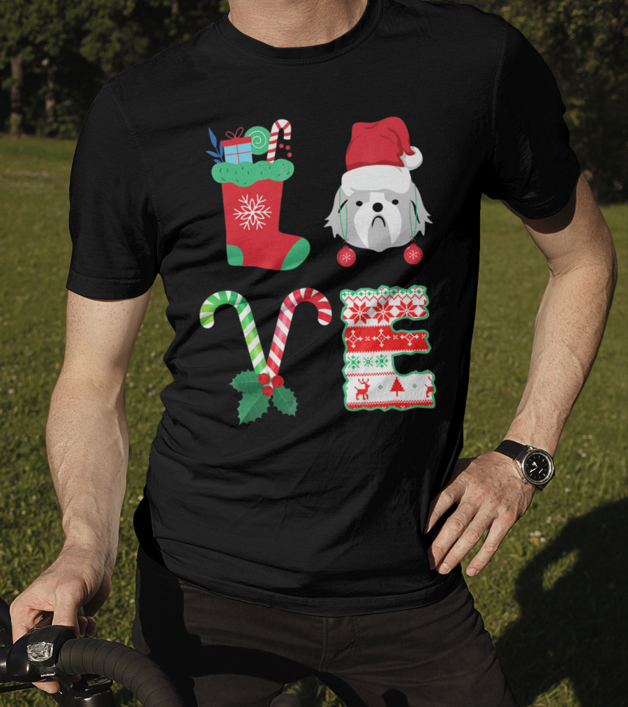 Love Shih Tzu Christmas Dog In Santa Hat With Stocking Candy Canes T-Shirt