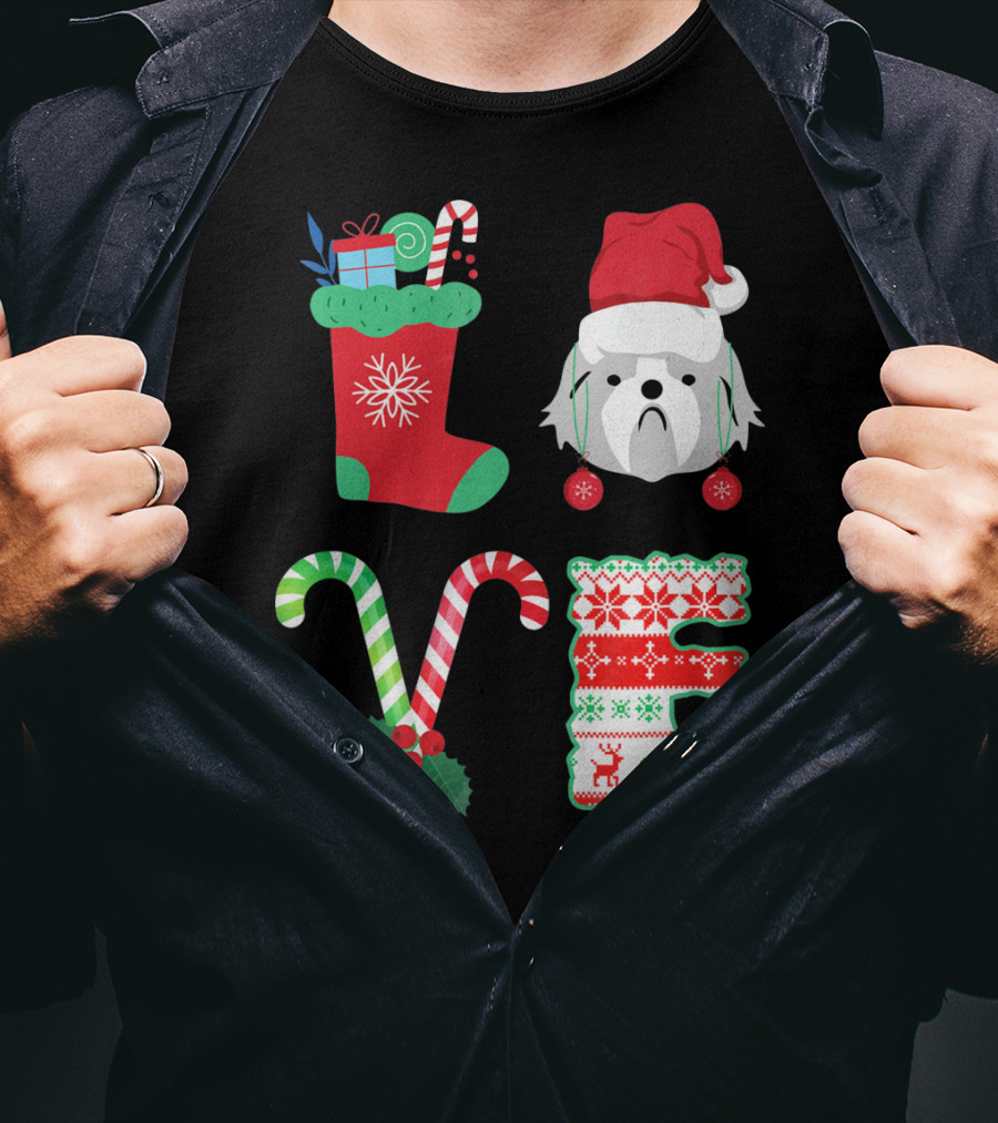 Love Shih Tzu Christmas Dog In Santa Hat With Stocking Candy Canes T-Shirt