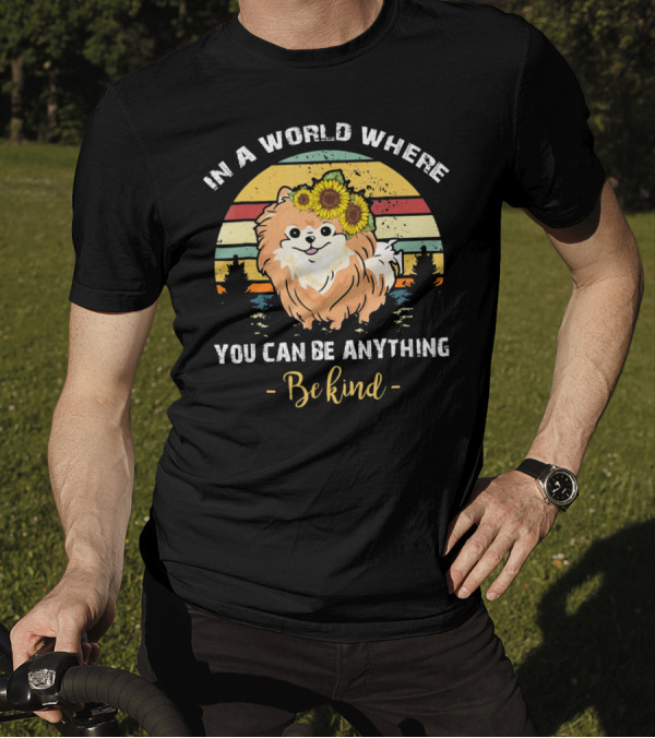 In A World Where You Can Be Anything Be Kind Pomeranian Vintage Retro Sunflowers T-Shirt