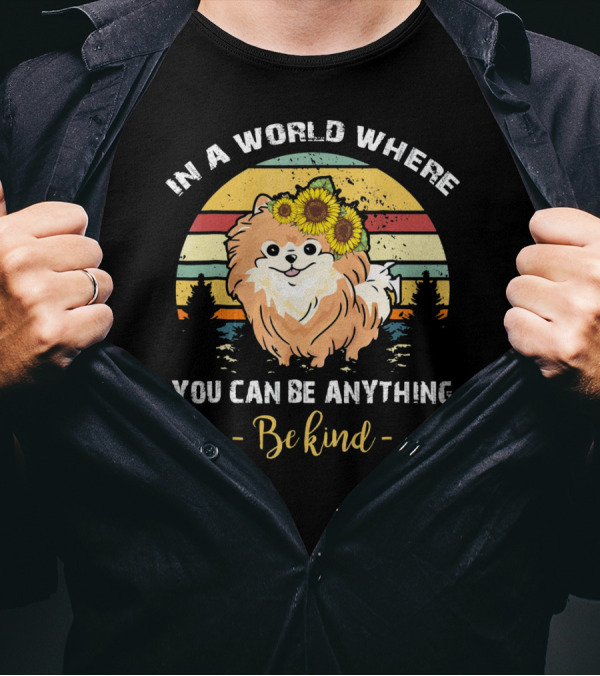 In A World Where You Can Be Anything Be Kind Pomeranian Vintage Retro Sunflowers T-Shirt