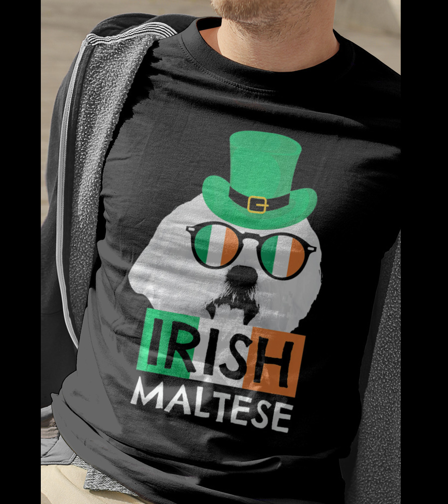 Irish Maltese St Patricks Day Dog Wearing Shamrock Hat And Glasses T-Shirt