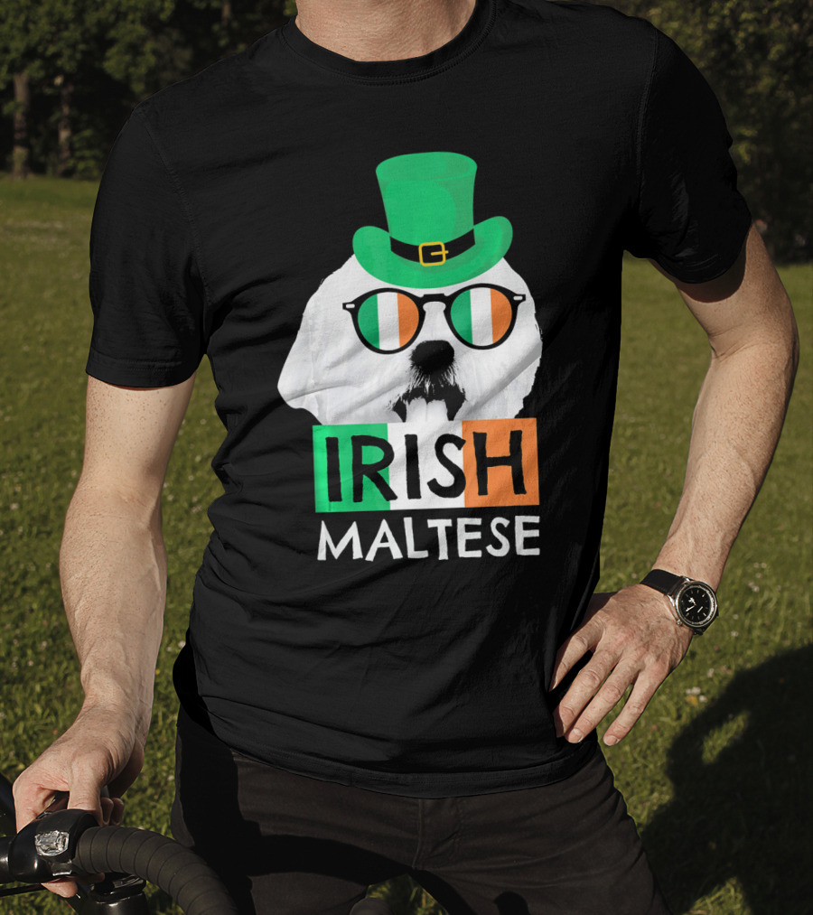 Irish Maltese St Patricks Day Dog Wearing Shamrock Hat And Glasses T-Shirt