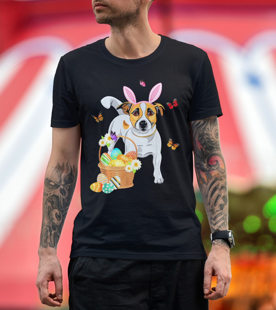 Jack Russell Bunny Hat Easter Eggs Basket Butterflies T-Shirt