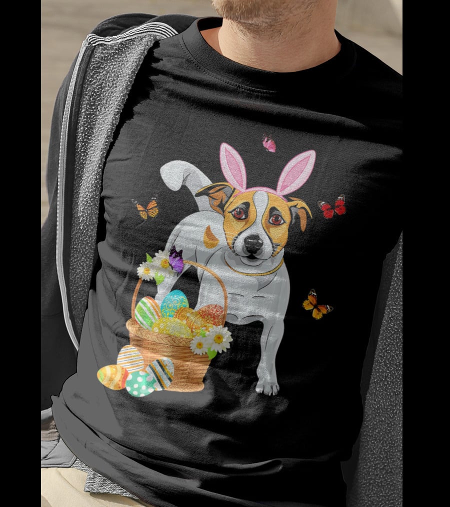 Jack Russell Bunny Hat Easter Eggs Basket Butterflies T-Shirt