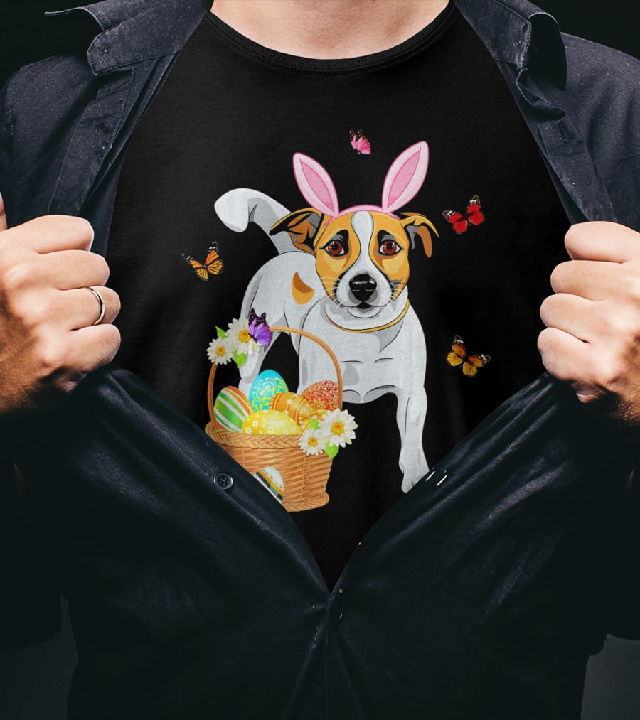 Jack Russell Bunny Hat Easter Eggs Basket Butterflies T-Shirt