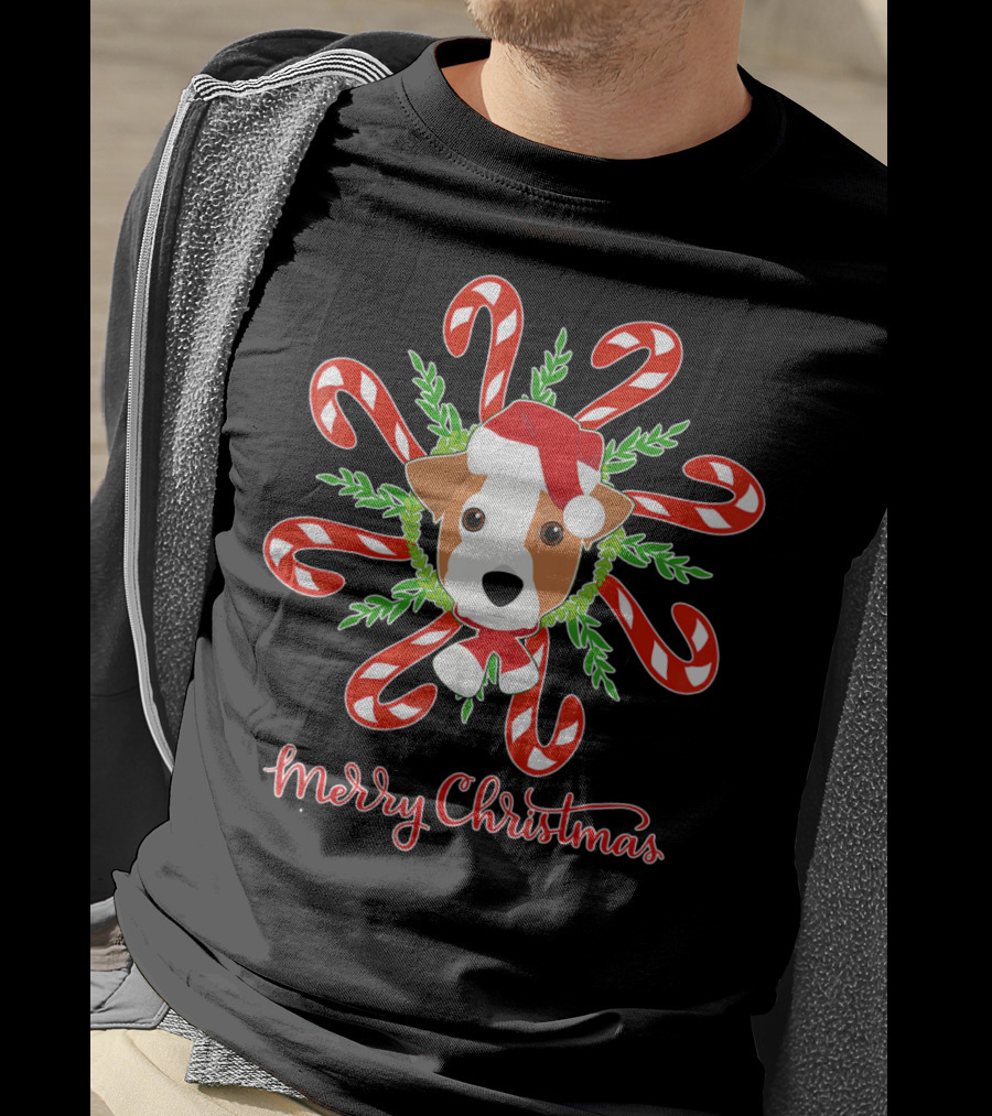 Merry Christmas Jack Russell Candy Cane Wreath T-Shirt
