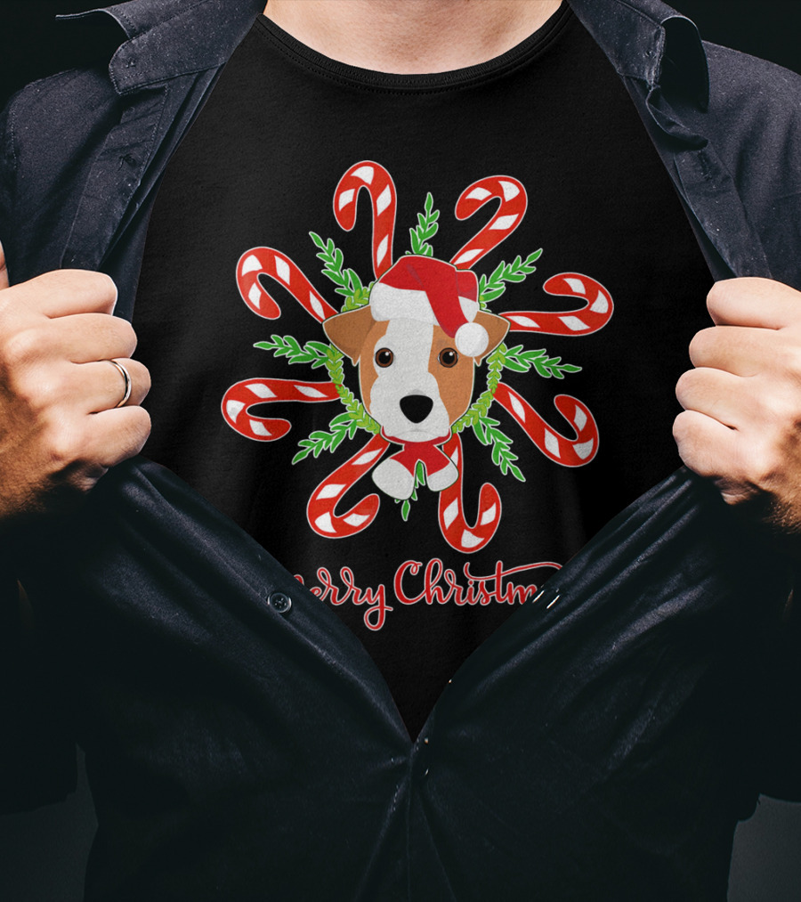 Merry Christmas Jack Russell Candy Cane Wreath T-Shirt