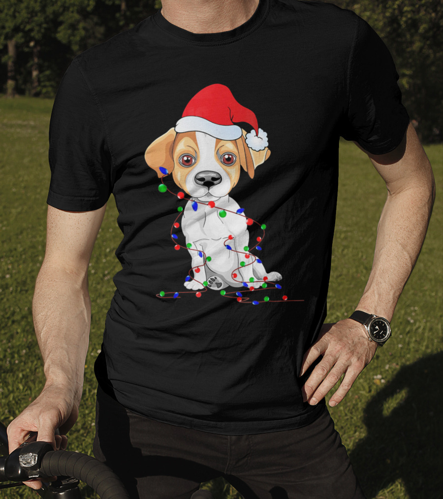 Jack Russell Christmas Lights Decoration Santa Hat T-Shirt