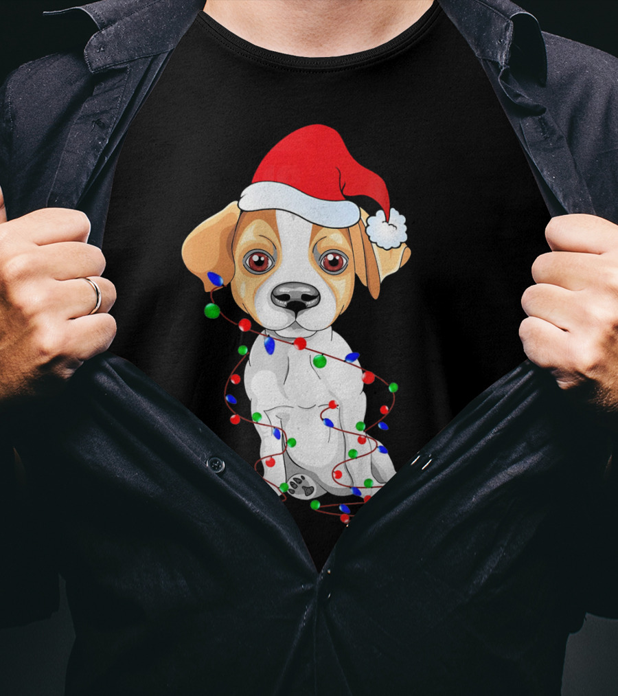 Jack Russell Christmas Lights Decoration Santa Hat T-Shirt