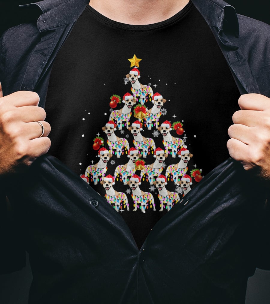 Jack Russell Dog With Santa Hat And Christmas Lights In Tree Shape With Star Decoration T-Shirt