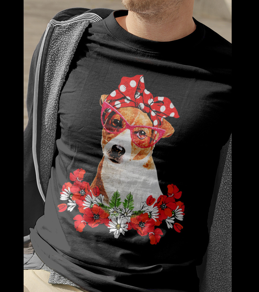 Jack Russell Dog Moms Red Polka Dot Bandana Glasses Mixed Flower Mothers T-Shirt
