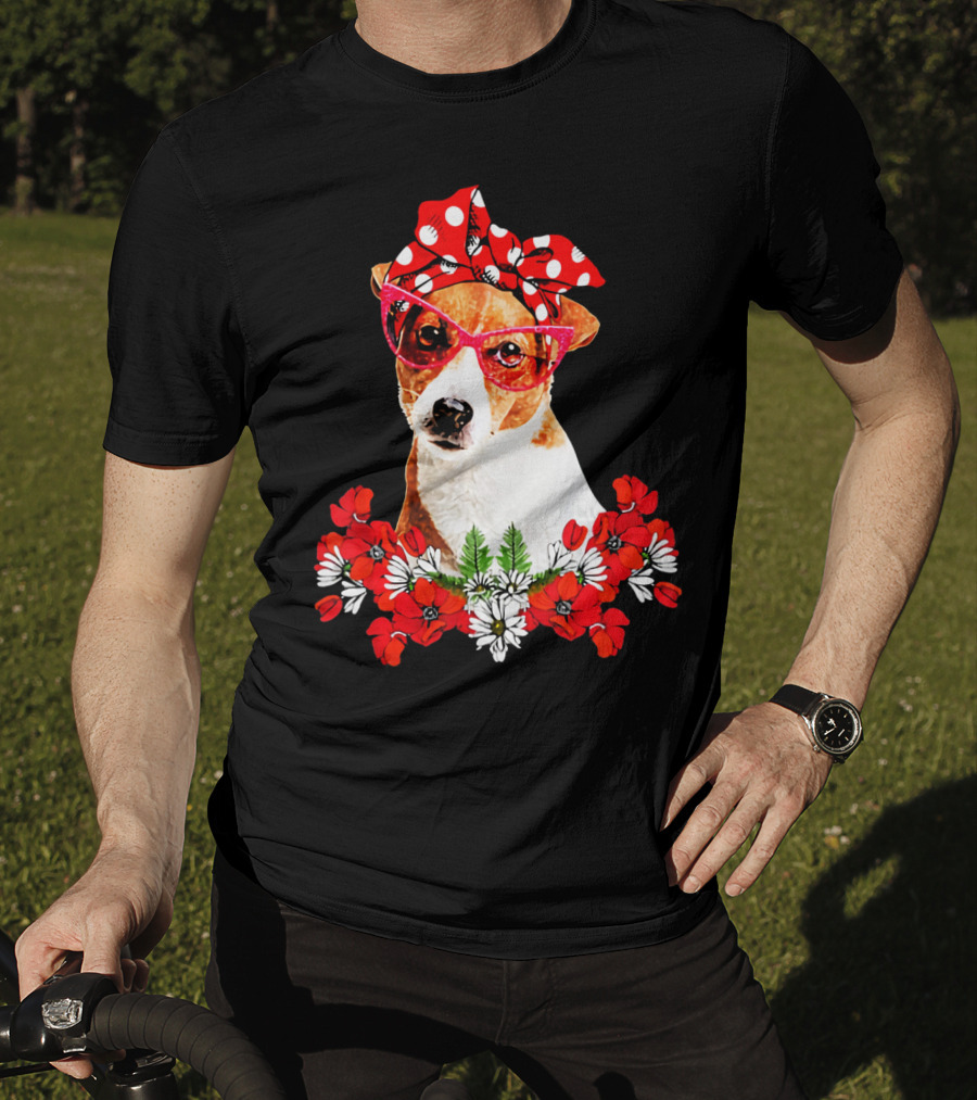 Jack Russell Dog Moms Red Polka Dot Bandana Glasses Mixed Flower Mothers T-Shirt