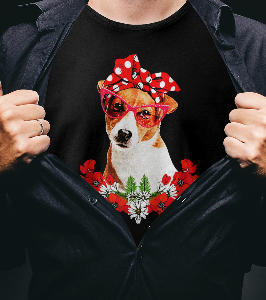 Jack Russell Dog Moms Red Polka Dot Bandana Glasses Mixed Flower Mothers T-Shirt