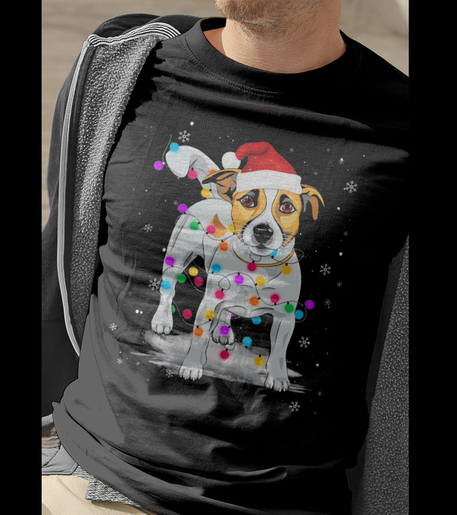 Jack Russell Terrier Santa Hat Wrapped In Christmas Lights Snowflakes T-Shirt