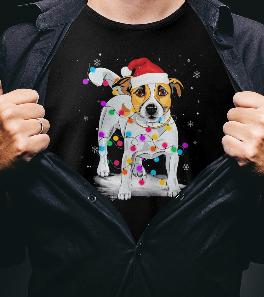 Jack Russell Terrier Santa Hat Wrapped In Christmas Lights Snowflakes T-Shirt
