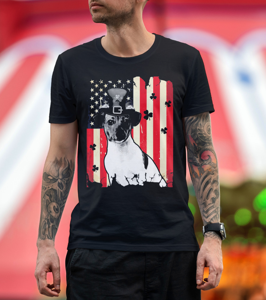Jack Russell Terrier American Flag St Patricks Day With Shamrocks T-Shirt