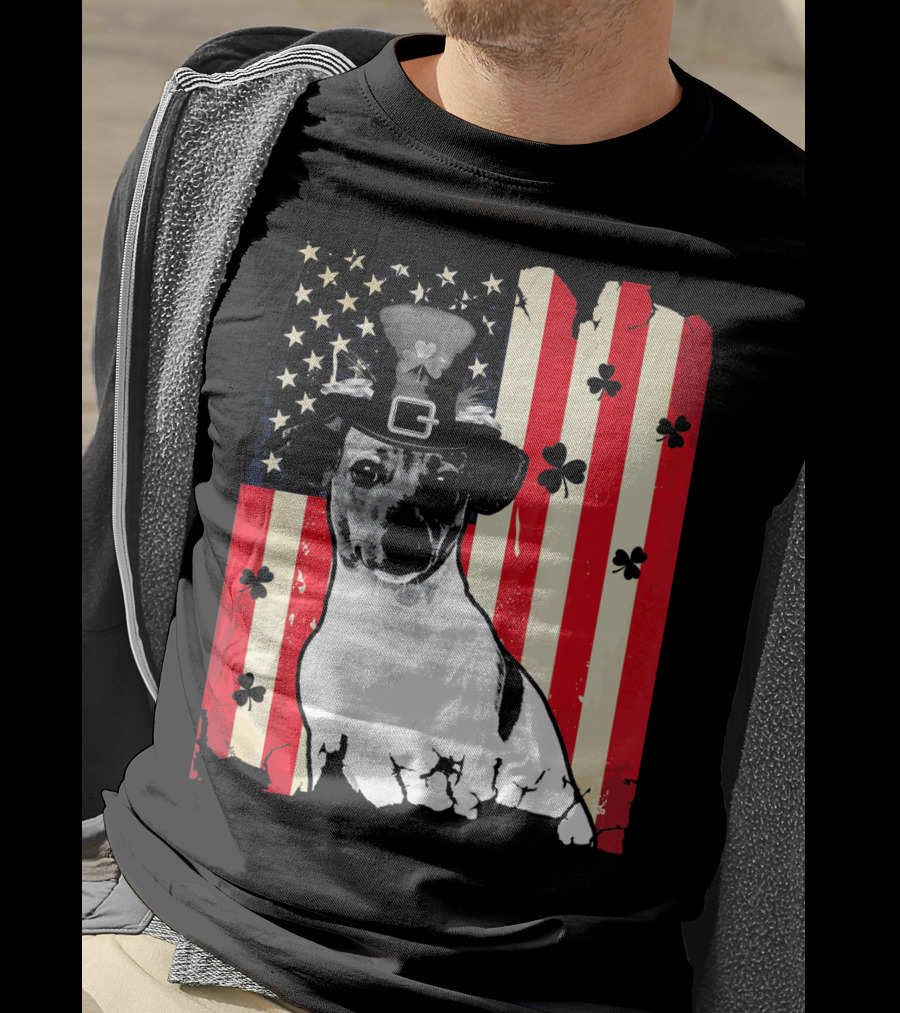 Jack Russell Terrier American Flag St Patricks Day With Shamrocks T-Shirt
