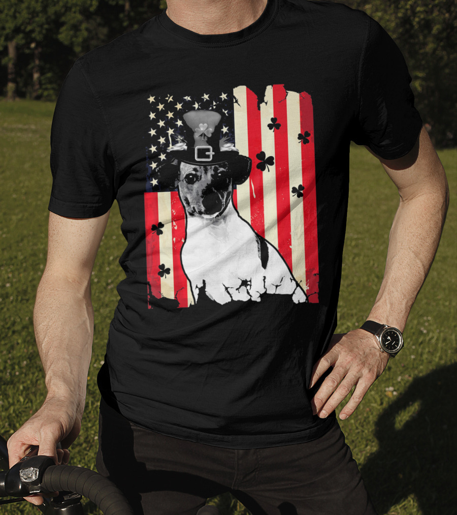 Jack Russell Terrier American Flag St Patricks Day With Shamrocks T-Shirt