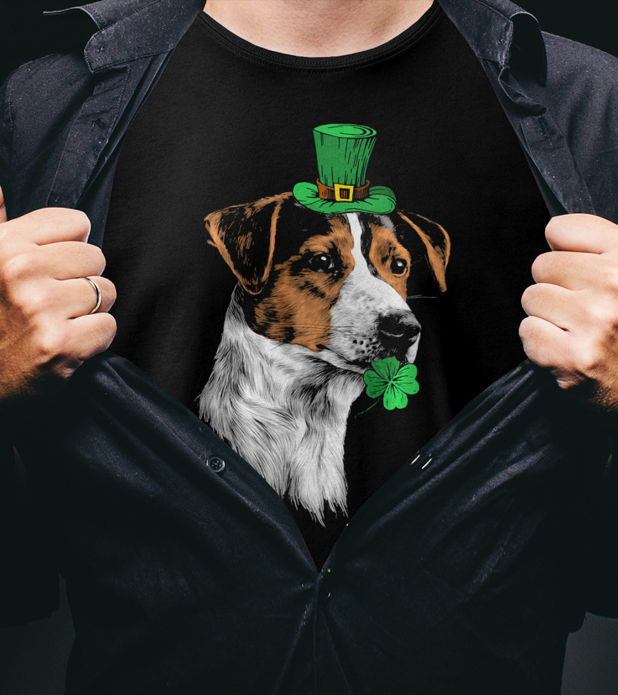 Jack Russell Terrier With Leprechaun Hat And Shamrock St Patrick's Day T-Shirt