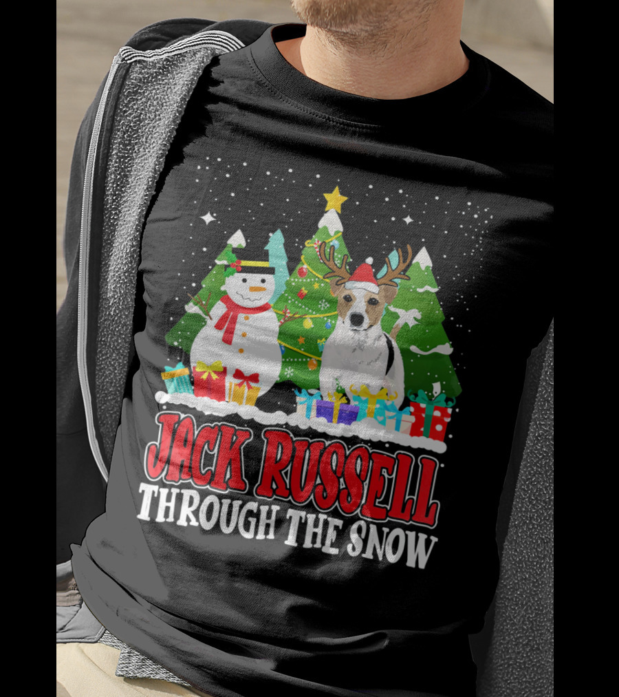 Jack Russell Through The Snow Christmas Reindeer Hat Snowman Trees Gifts T-Shirt
