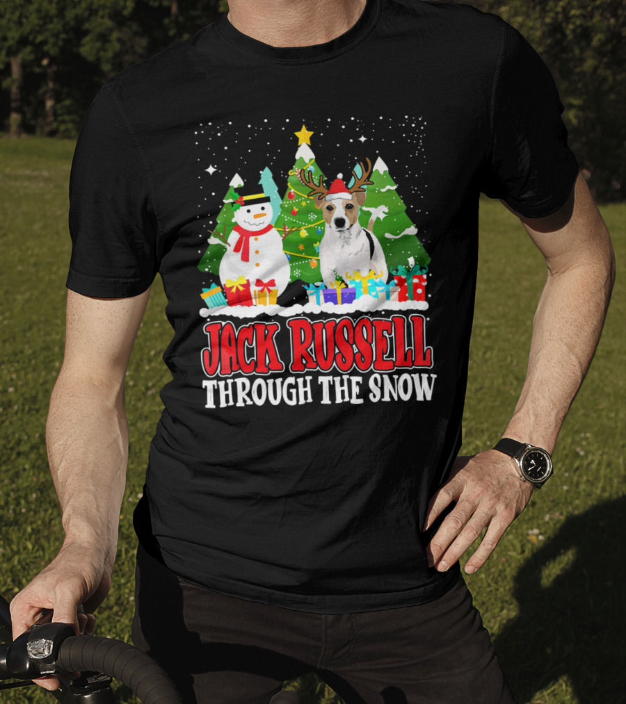 Jack Russell Through The Snow Christmas Reindeer Hat Snowman Trees Gifts T-Shirt