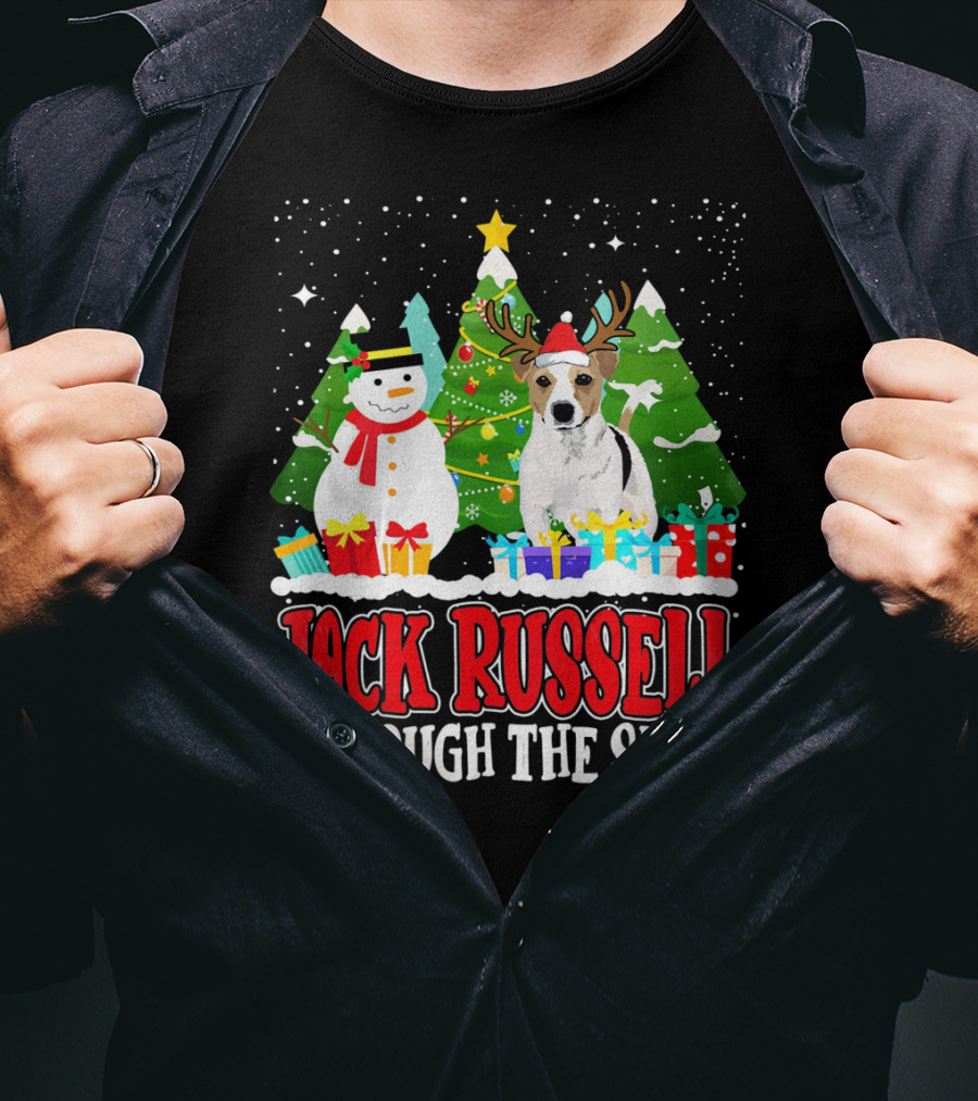 Jack Russell Through The Snow Christmas Reindeer Hat Snowman Trees Gifts T-Shirt