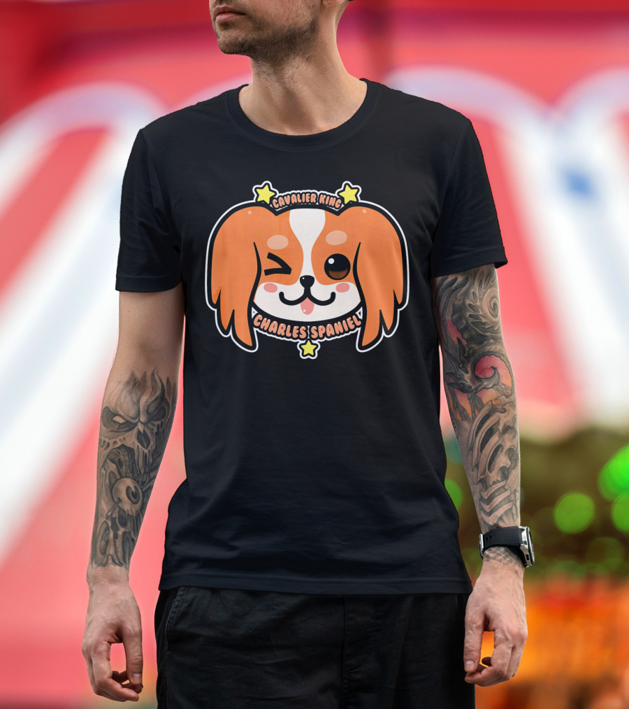 KAWAII Cavalier King Charles Spaniel Dog Puppy Cute Winking Face with Stars T-Shirt