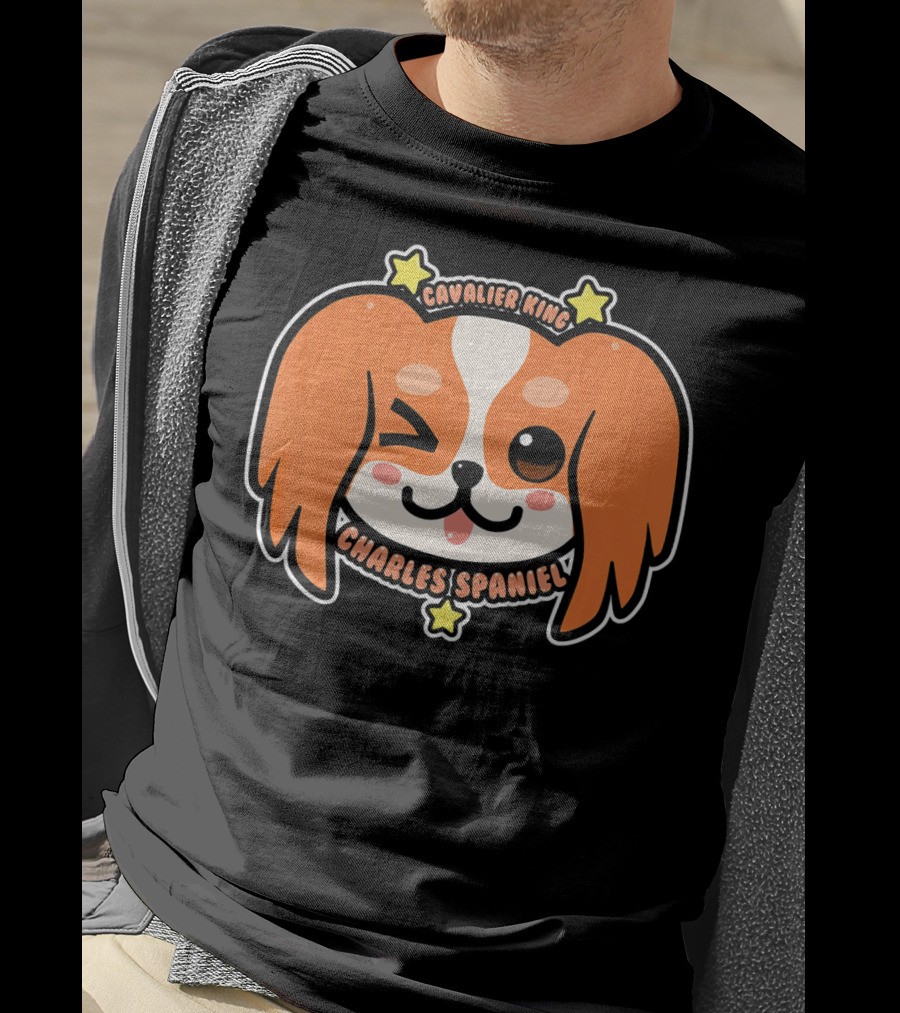 KAWAII Cavalier King Charles Spaniel Dog Puppy Cute Winking Face With Stars T-Shirt
