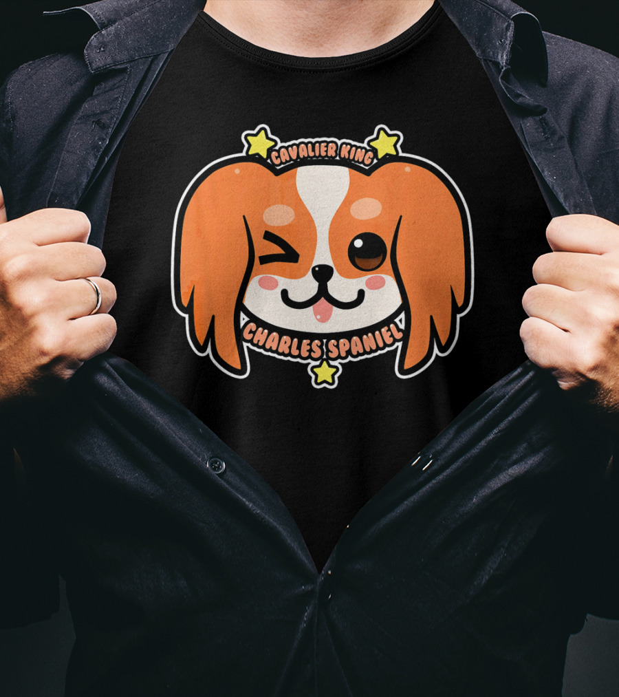 KAWAII Cavalier King Charles Spaniel Dog Puppy Cute Winking Face With Stars T-Shirt