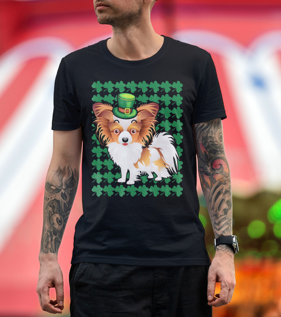 Papillon Dog in Leprechaun Hat Surrounded by Clover T-Shirt
