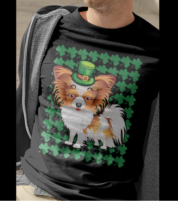 Papillon Dog In Leprechaun Hat Surrounded By Clover T-Shirt