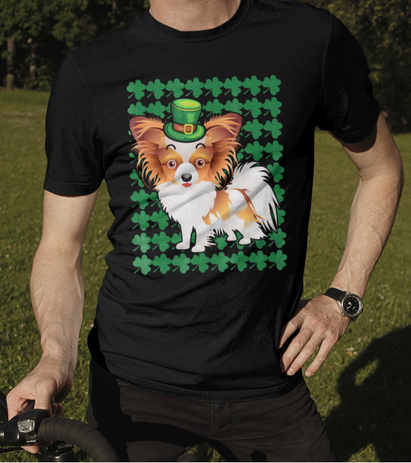 Papillon Dog In Leprechaun Hat Surrounded By Clover T-Shirt