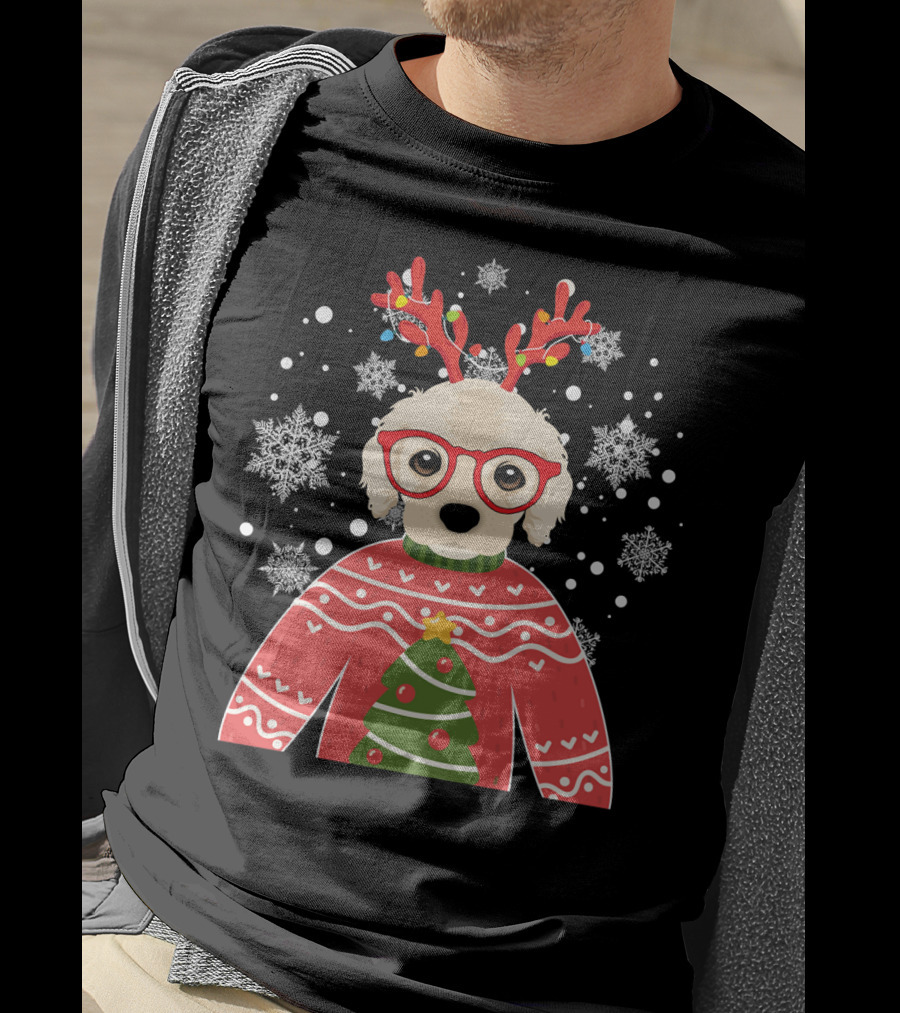 Christmas Cocker Spaniel Reindeer Antlers Snowflakes Sweater Tree T-Shirt