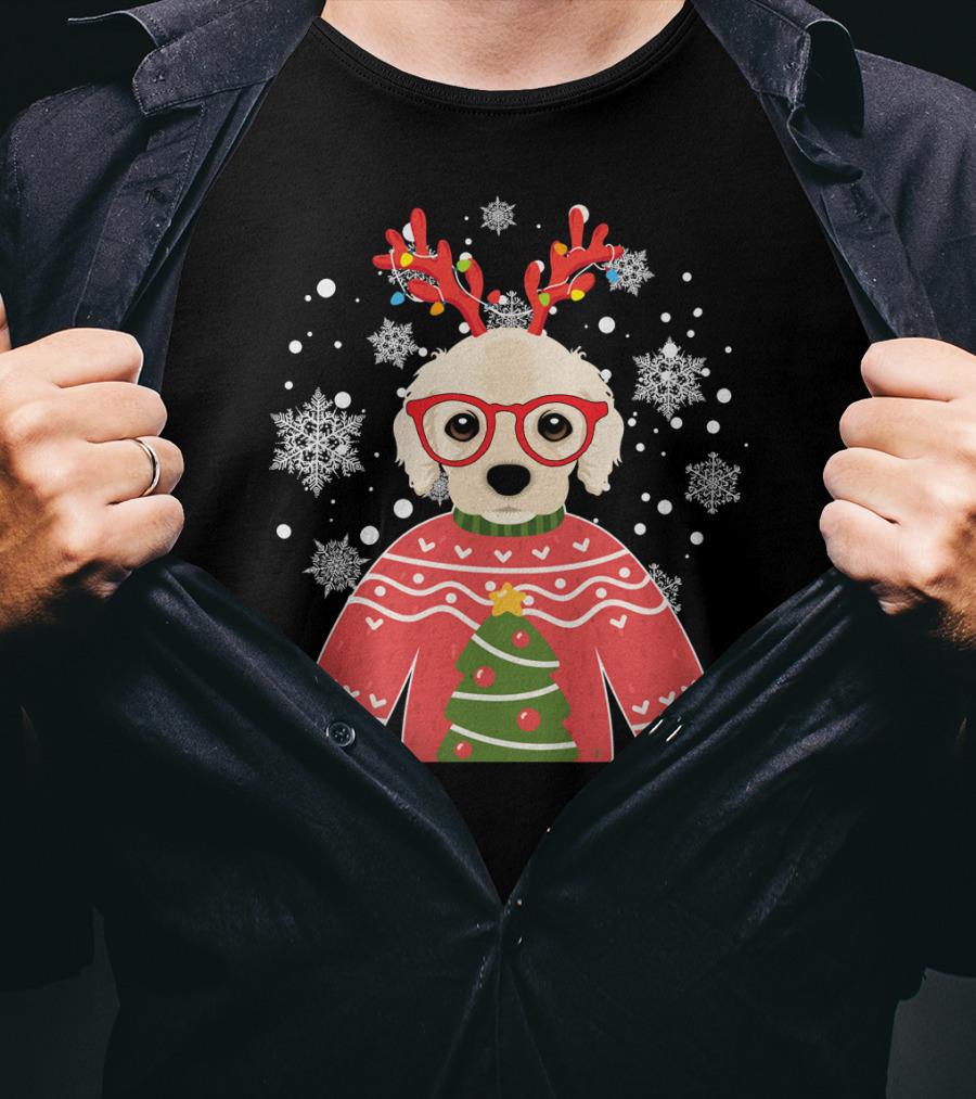 Christmas Cocker Spaniel Reindeer Antlers Snowflakes Sweater Tree T-Shirt