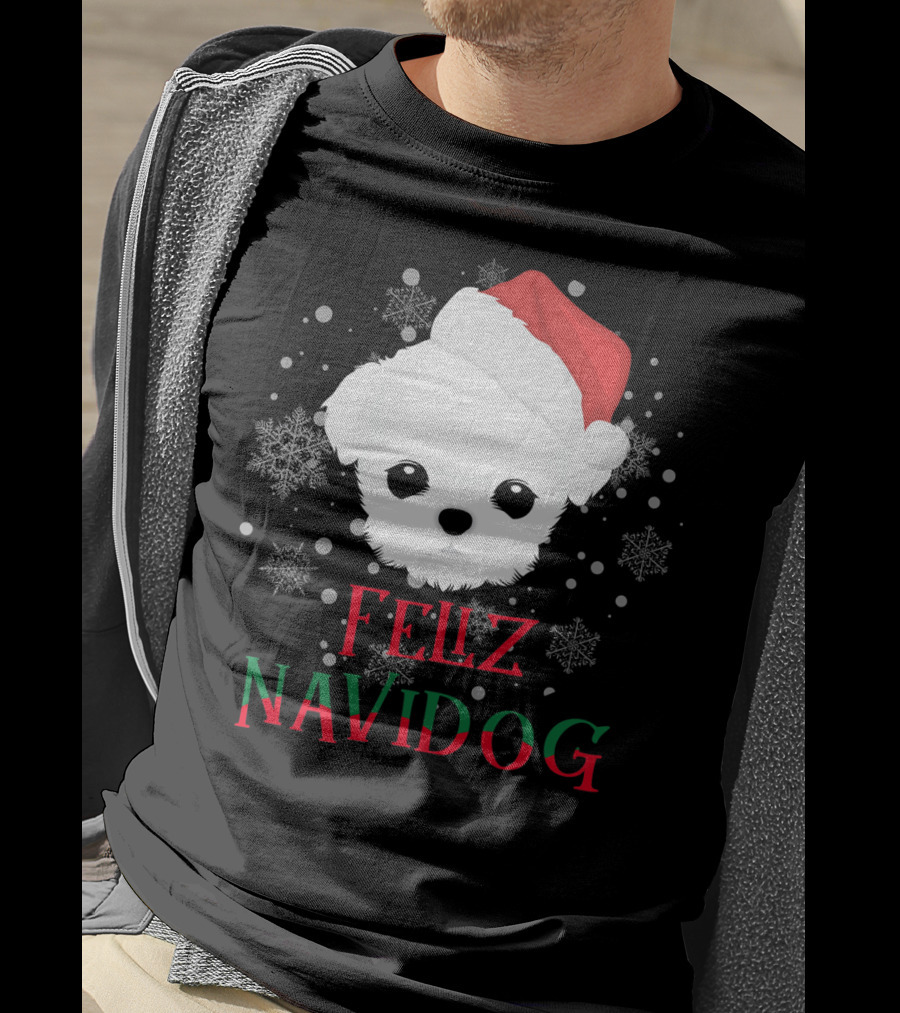 Feliz Navidog Maltese Dog Christmas Santa Hat Snowflakes T-Shirt