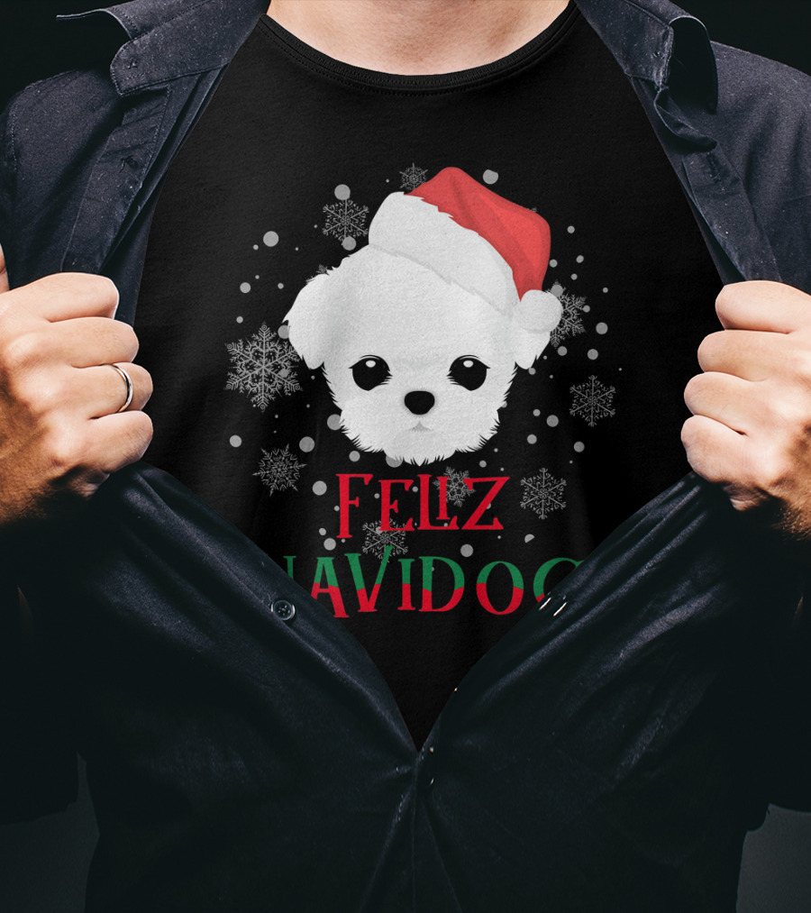 Feliz Navidog Maltese Dog Christmas Santa Hat Snowflakes T-Shirt