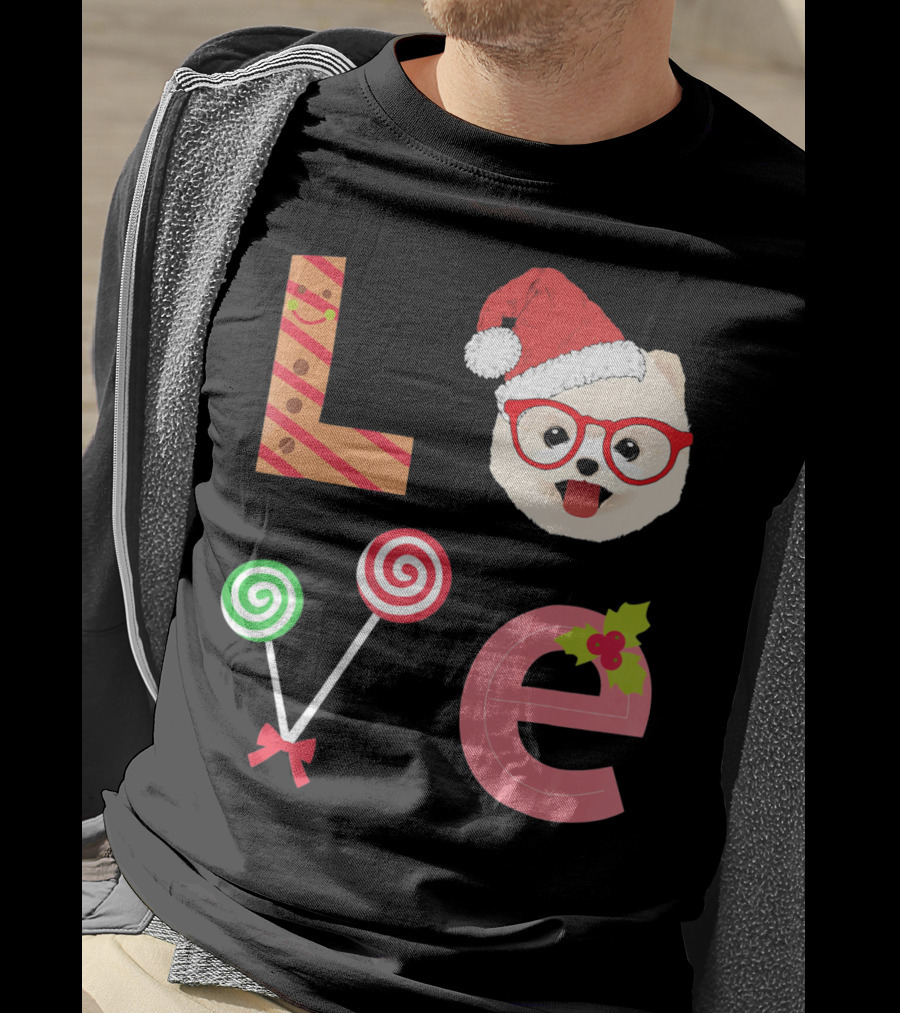 Love Pomeranian Santa Christmas Dog Candy Cane Glasses T-Shirt