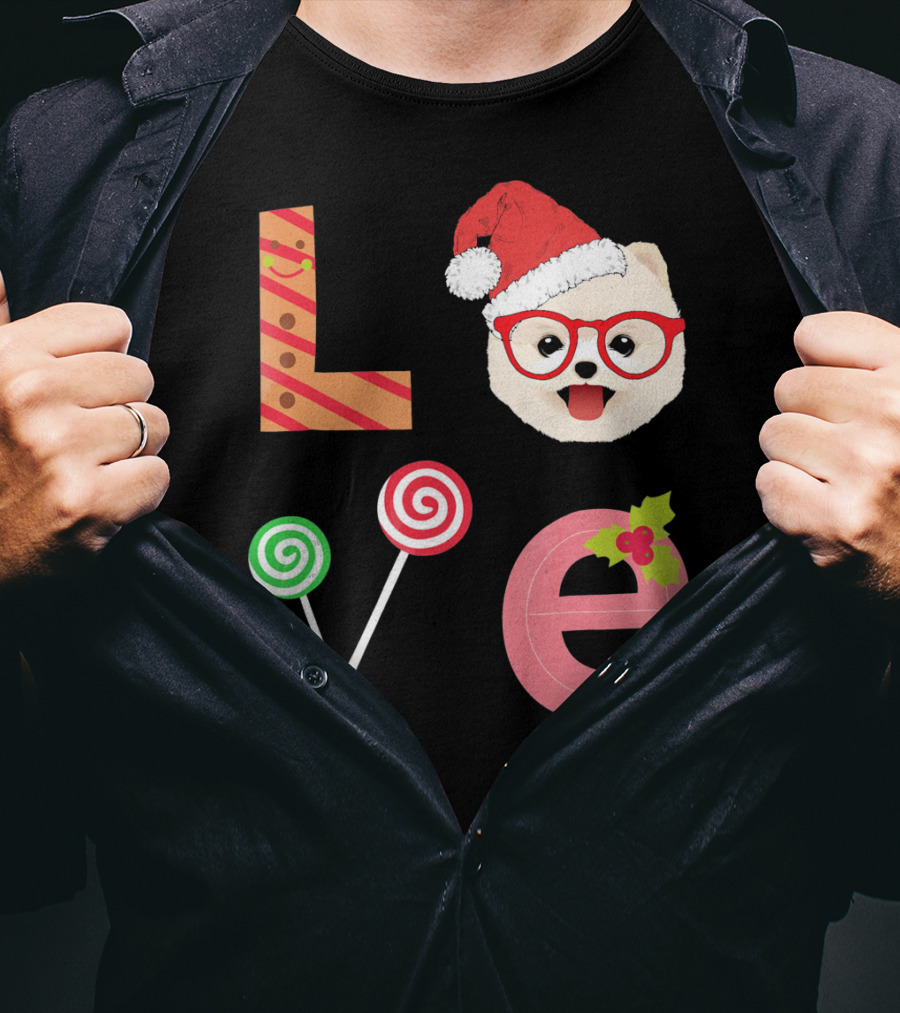 Love Pomeranian Santa Christmas Dog Candy Cane Glasses T-Shirt