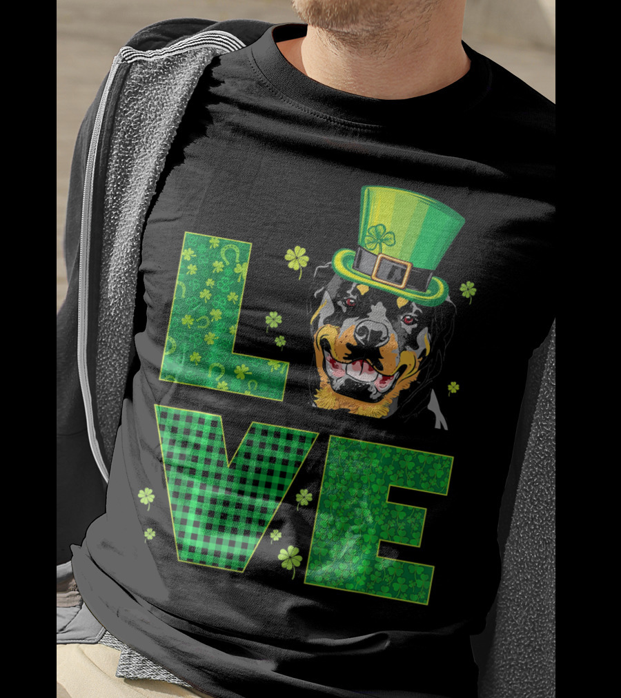 Love Rottweiler St. Patrick's Day Hat Green Shamrock Leaf T-Shirt