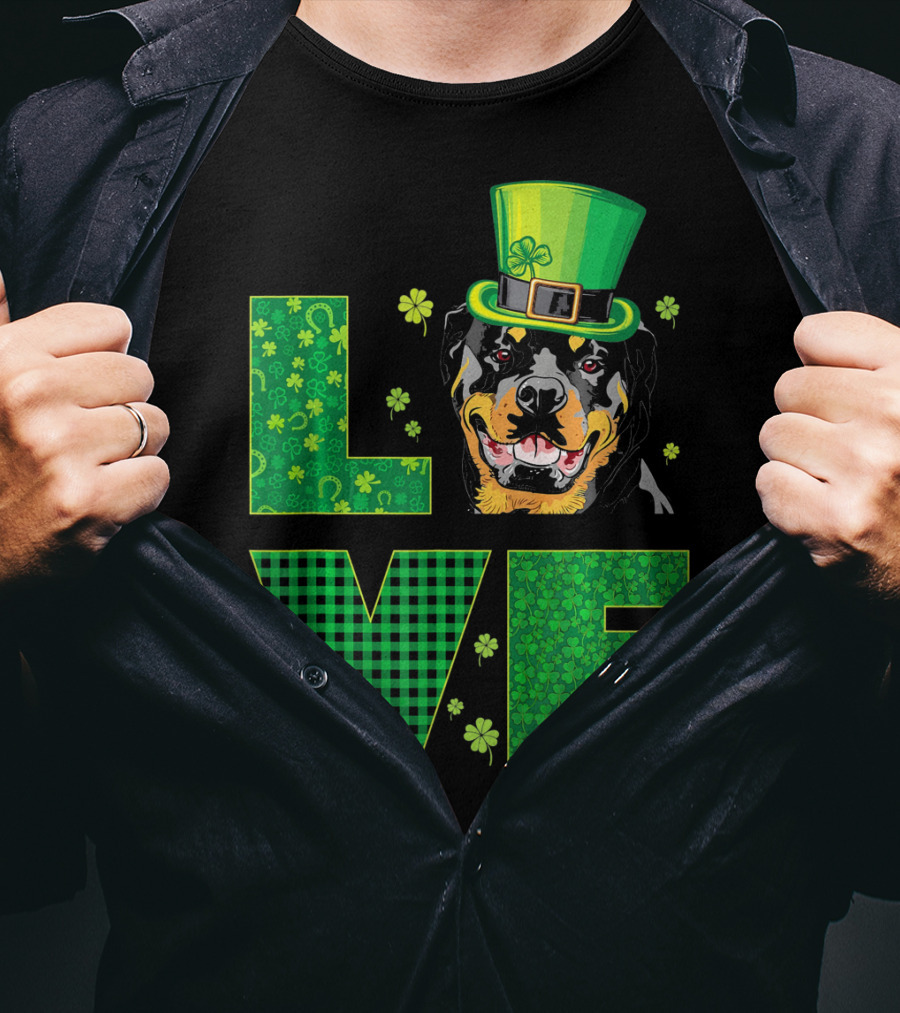 Love Rottweiler St. Patrick's Day Hat Green Shamrock Leaf T-Shirt