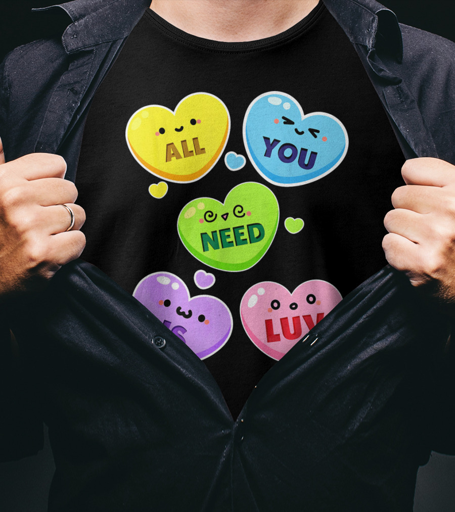 All You Need Is Luv Valentine Kawaii Heart Faces T-Shirt