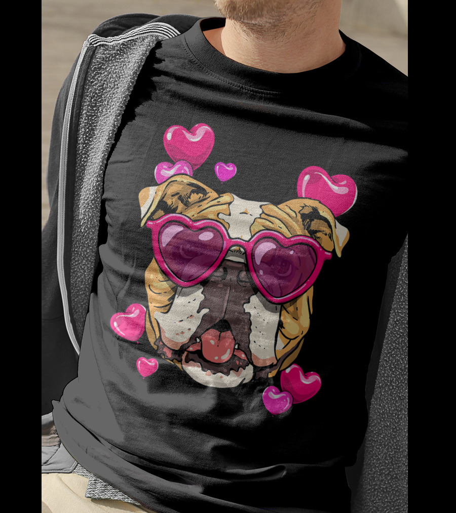 American Bulldog Heart Sunglasses Pink Hearts Valentine's Day T-Shirt