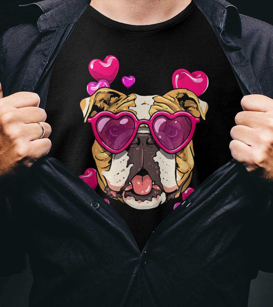 American Bulldog Heart Sunglasses Pink Hearts Valentine's Day T-Shirt